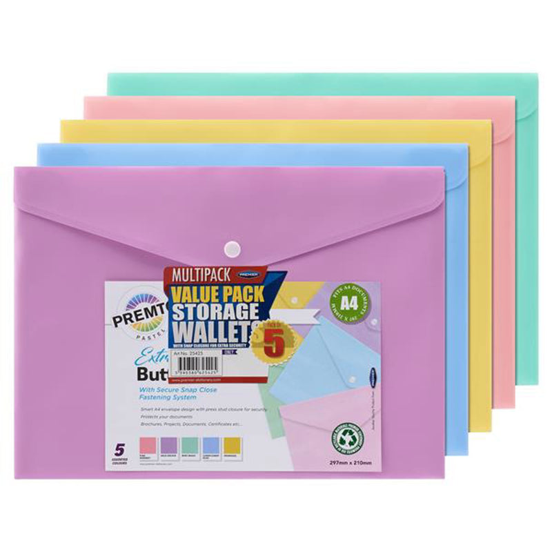 Premto Pastel Multipack | A4 Extra Durable Button Wallet - Pack of 5-Document Folders & Wallets-Premto|Stationery Superstore UK