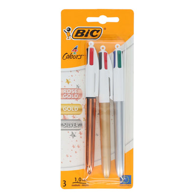 BIC 4 Colour Ballpoint Pens Metallic- Pack of 3-Ballpoint Pens-BIC|Stationery Superstore UK