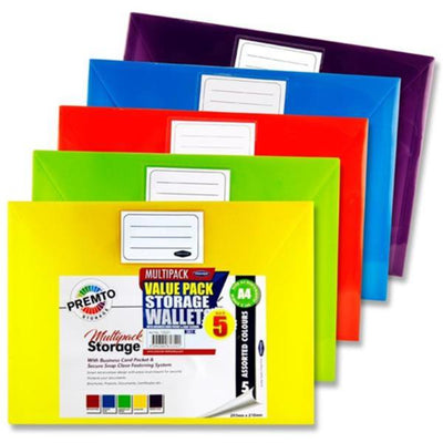 Premto Multipack | A4 Button Storage Wallets - Series 1 - Pack of 5-Document Folders & Wallets-Premto|Stationery Superstore UK
