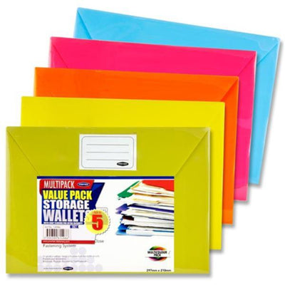 Premier Office Multipack | A4 Button Document Wallet - Multicoloured - Pack of 5-Document Folders & Wallets-Premier Office|Stationery Superstore UK