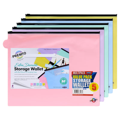 Premto Multipack| Extra Durable Storage Pvc Wallet - A4+ Pack of 5 Pastel-Document Folders & Wallets-Premto|Stationery Superstore UK