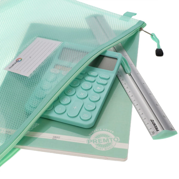 Ultra Mesh Wallet Mint Magic filled with calculator, Notebook & Ruler Premto - Stationery Superstore UK