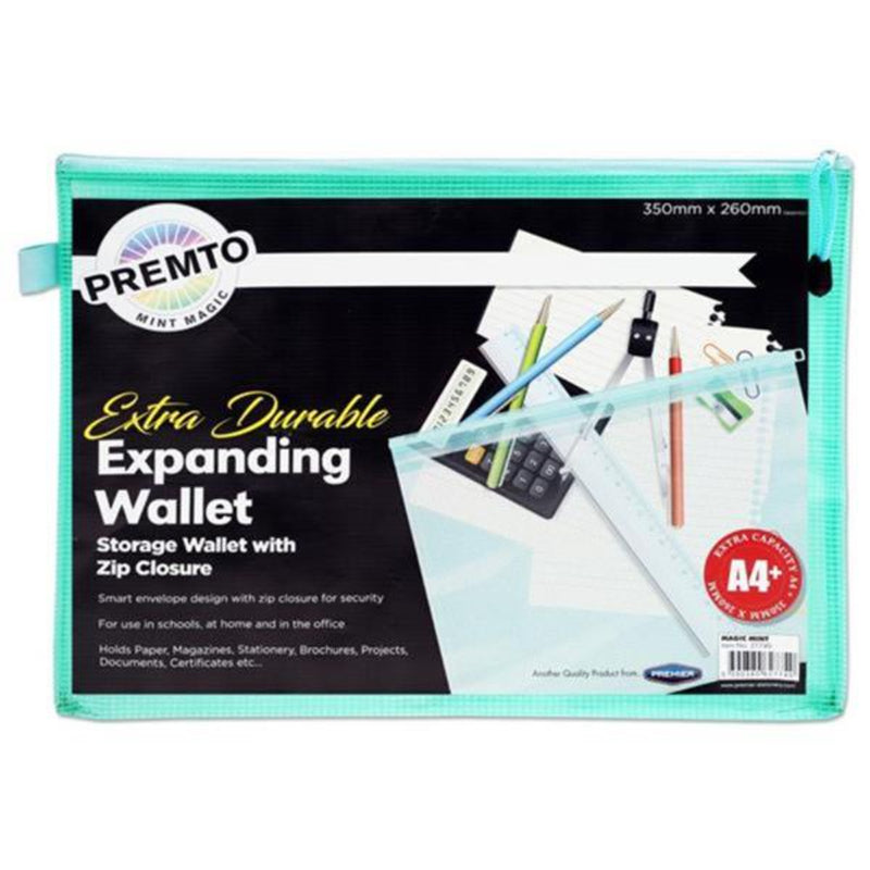 Premto Pastel A4+ Extra Durable Expanding Mesh Wallet with Zip - Mint Magic Green-Mesh Wallet Bags-Premto|Stationery Superstore UK