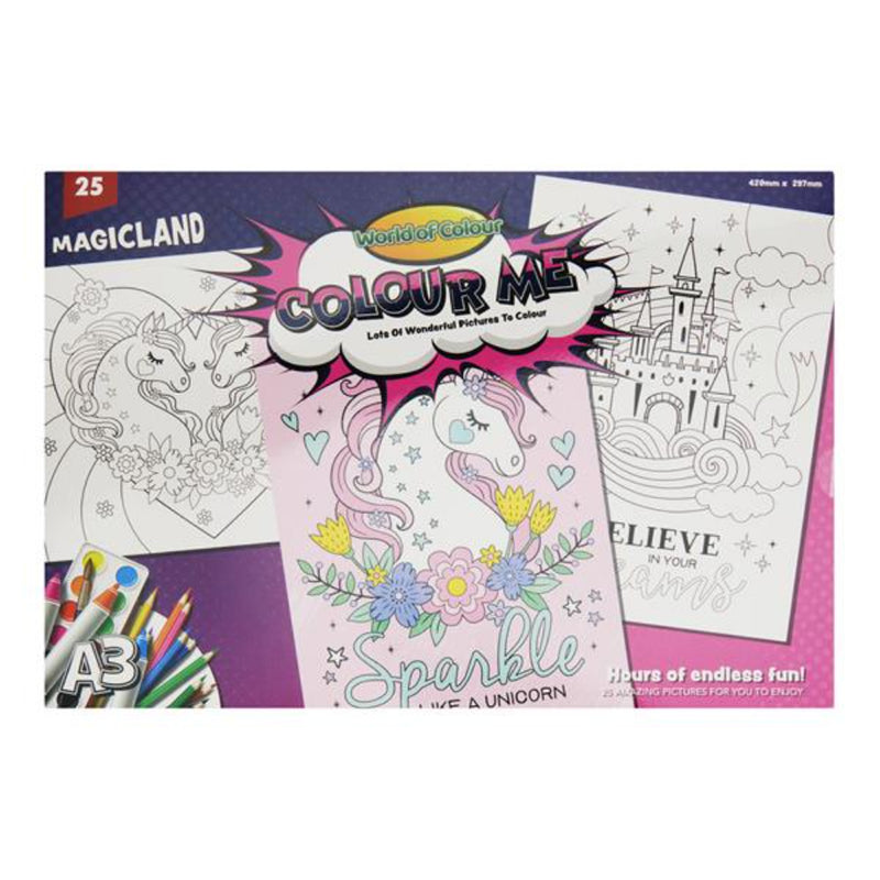World of Colour A3 Colouring Book - 25 Sheets - Magicland with Unicorns-Kids Colouring Books-World of Colour|Stationery Superstore UK