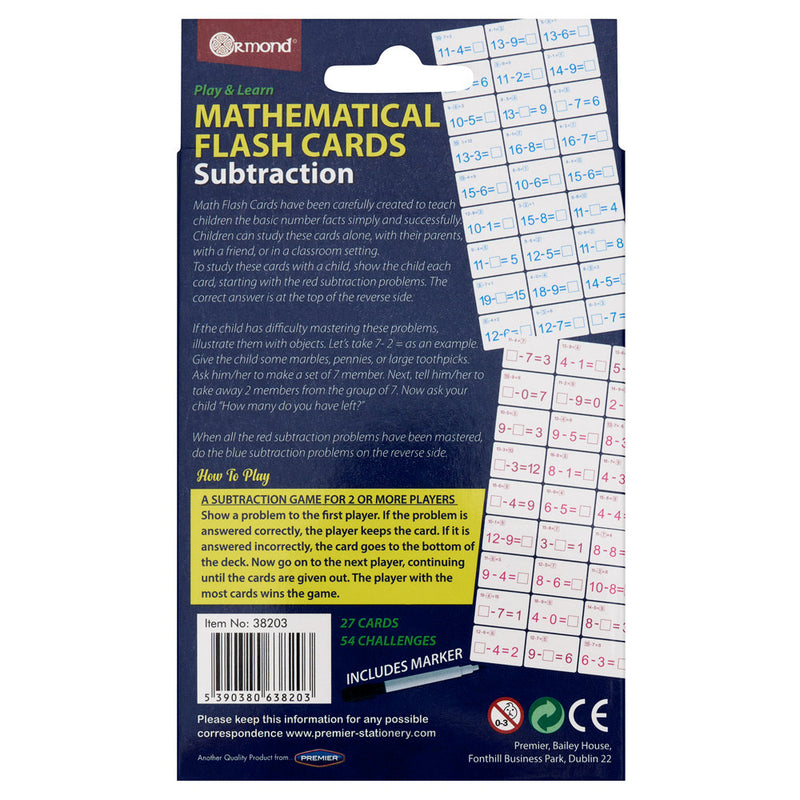 Ormond Mathematical Flash Cards - Substraction - Pack of 27-Educational Games-Ormond|Stationery Superstore UK