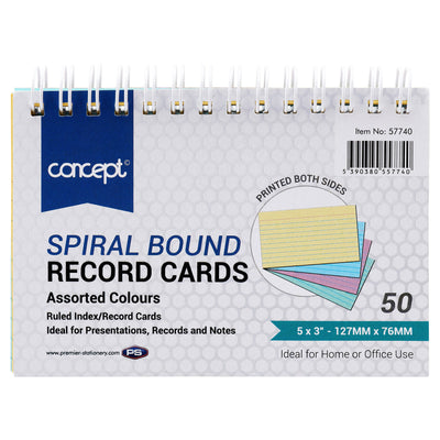 Concept 5x3 Spiral Ruled Index Cards - Colour - 50 Cards-Index Cards & Boxes-Concept|Stationery Superstore UK