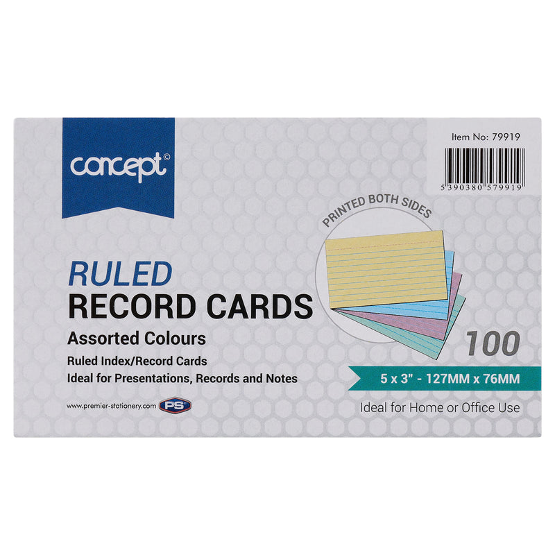 Concept 5 x 3 Ruled Record Cards - Colour - Pack of 100-Index Cards & Boxes-Concept|Stationery Superstore UK