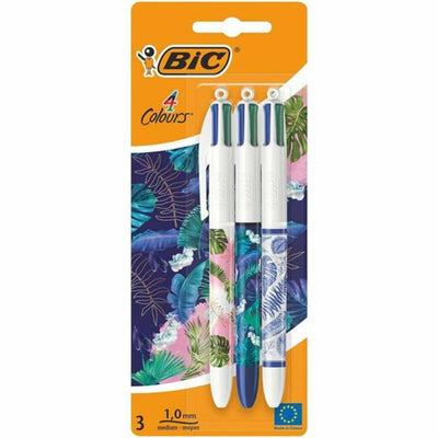 BIC 4 Colour Ballpoint Pens Botanical Decor - Pack of 3-Ballpoint Pens-BIC|Stationery Superstore UK