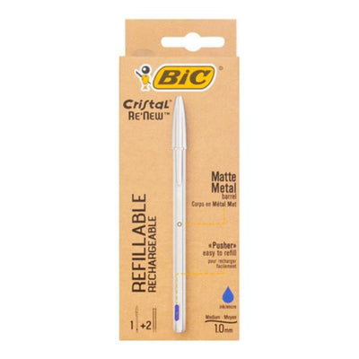 BIC Cristal Re'New Refillable Ballpoint Pen + 2 Refills - Blue Ink-Ballpoint Pens-BIC|Stationery Superstore UK