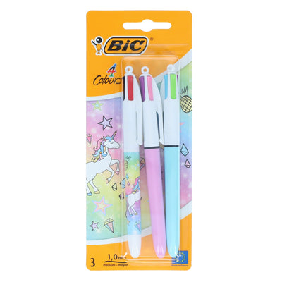 BIC 4 Colour Ballpoint Pens Pastel Unicorn - Pack of 3-Ballpoint Pens-BIC|Stationery Superstore UK