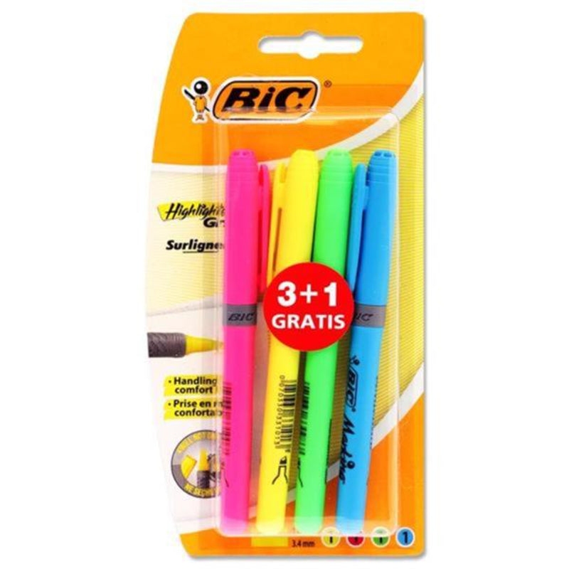 BIC Grip Highlighter Pen - Pack of 3+1-Highlighters-BIC|Stationery Superstore UK