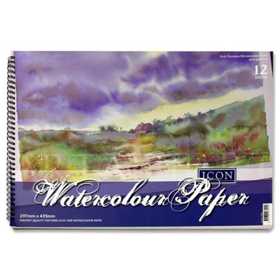Icon A3 Wiro Watercolour Pad - 300gsm - 12 Sheets-Drawing & Painting Paper-Icon|Stationery Superstore UK
