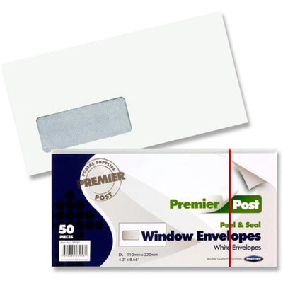 Premail DL Peel & Seal Window Envelopes - White - Pack of 50-Envelopes-Premail|Stationery Superstore UK