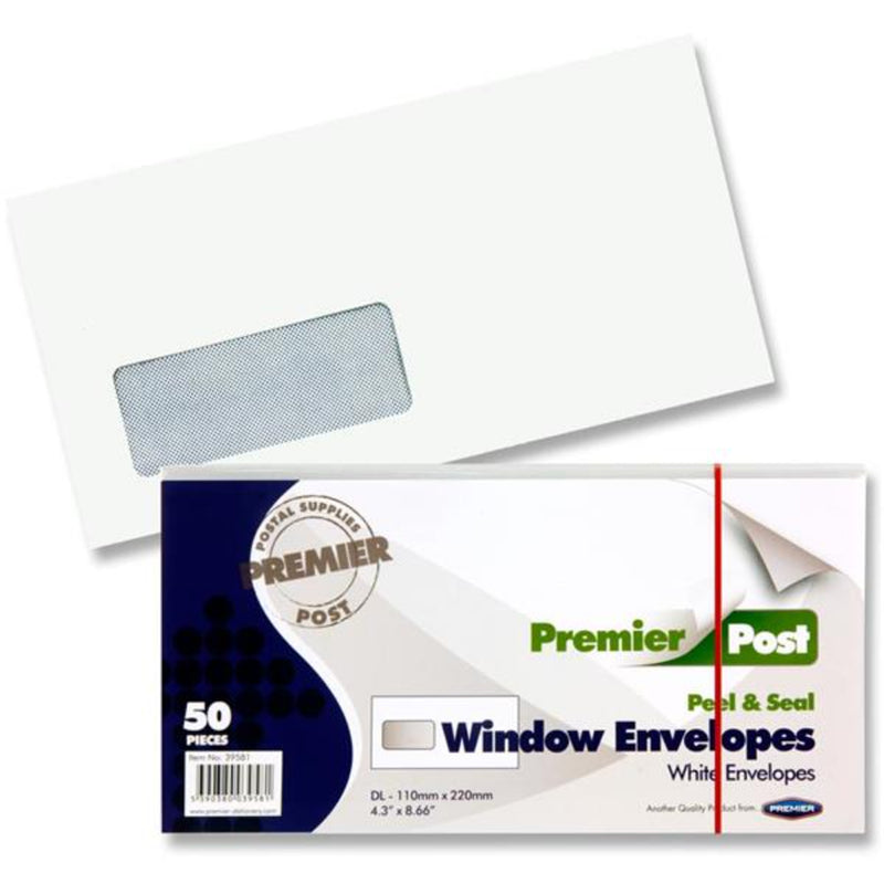 Premail DL Peel & Seal Window Envelopes - White - Pack of 50