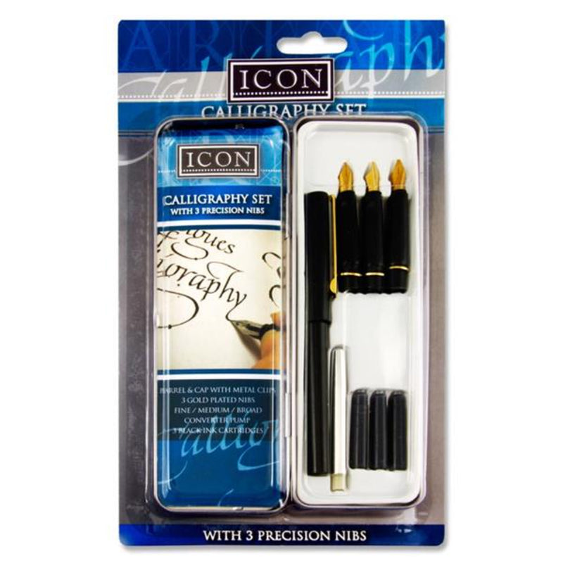 Icon Calligraphy Pen Set in Tin with 3 Gold-Plated Nibs, 3 Ink Cartridges & Converter-Artist Sets-Icon|Stationery Superstore UK