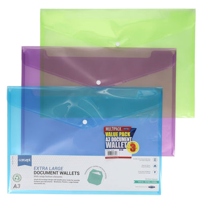 Premier Office Multipack | A3 Document Wallets - Clear - Pack of 3-Document Folders & Wallets-Premier Office|Stationery Superstore UK