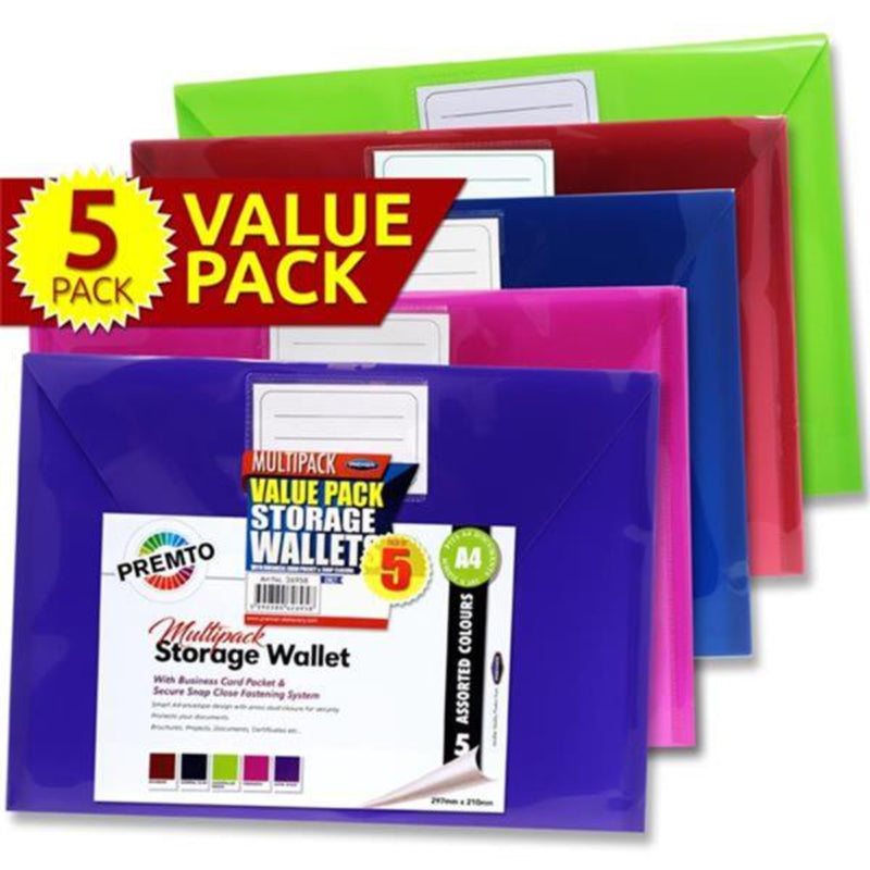 Premto Multipack | A4 Button Storage Wallets - Series 2 - Pack of 5-Document Folders & Wallets-Premto|Stationery Superstore UK