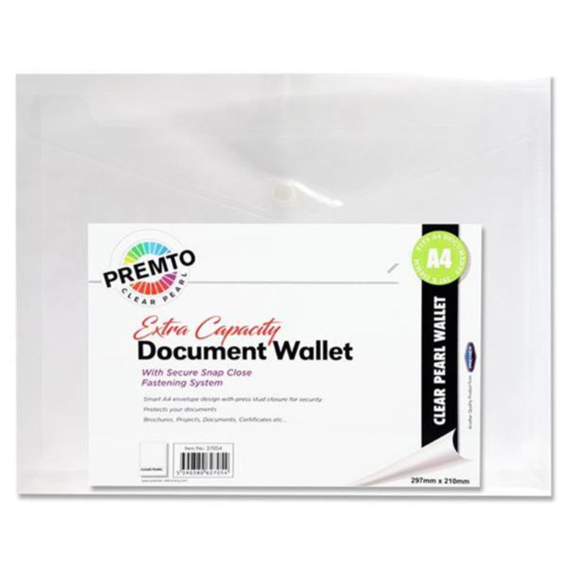 Premto A4 Extra Capacity Document Wallet - Clear Pearl-Document Folders & Wallets-Premto|Stationery Superstore UK