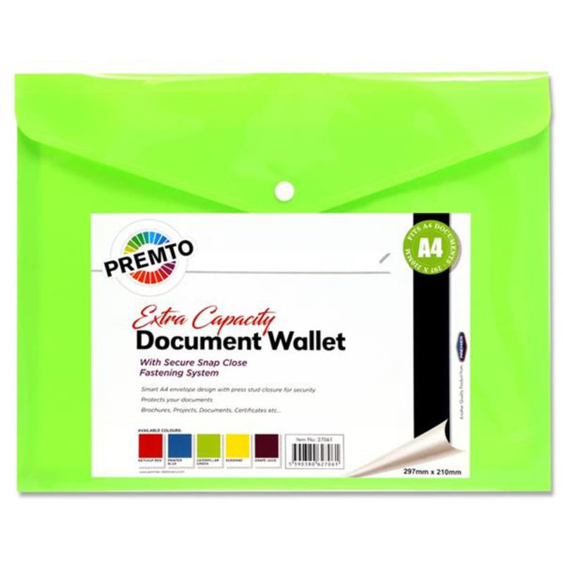 Premto A4 Extra Capacity Document Wallet with Button Closure - Caterpillar Green-Document Folders & Wallets-Premto|Stationery Superstore UK