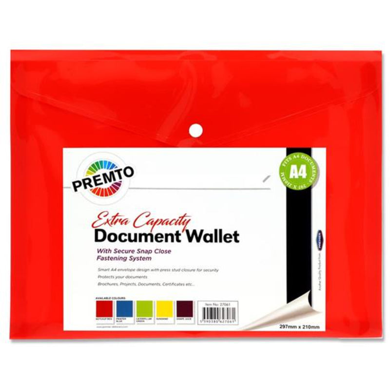 Premto A4 Extra Capacity Document Wallet with Button Closure - Ketchup Red
