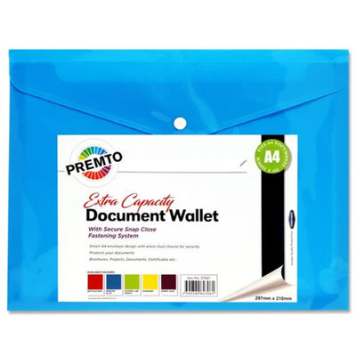 Premto A4 Extra Capacity Document Wallet with Button Closure - Printer Blue-Document Folders & Wallets-Premto|Stationery Superstore UK