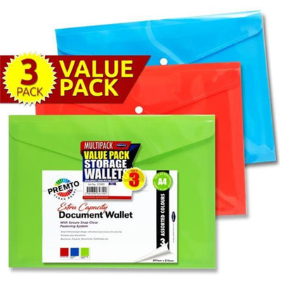 Premto A4 Multipack | Extra Capacity Document Wallet - Series 1 - Pack of 3-Document Folders & Wallets-Premto|Stationery Superstore UK