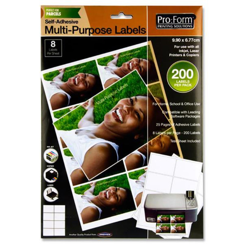 Pro:Form Self Adhesive Multi-Purpose Labels - 9.90x6.77cm - 8 Labels per Sheet - 25 Sheets-Labels-Pro:Form|Stationery Superstore UK