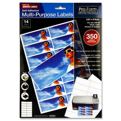 Pro:Form Self Adhesive Multi-Purpose Labels - 3.81cm x 9.9cm - 14 Labels per Sheet - 25 Sheets-Labels-Pro:Form|Stationery Superstore UK