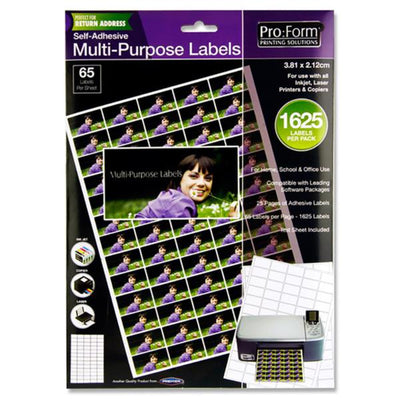 Pro:Form Self Adhesive Multi-Purpose Labels - 3.81x2.12cm - 65 Labels per Sheet - 25 Sheets-Labels-Pro:Form|Stationery Superstore UK