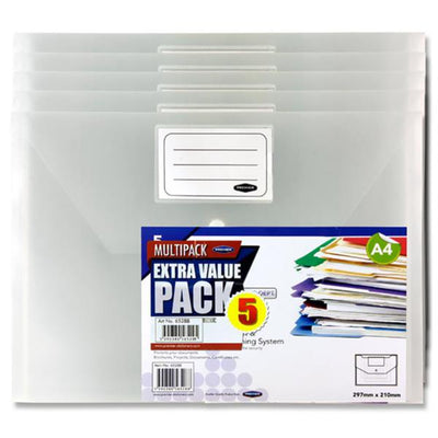 Premier Office Multipack | A4 Button Wallet - Clear - Pack of 5-Document Folders & Wallets-Premier Office|Stationery Superstore UK