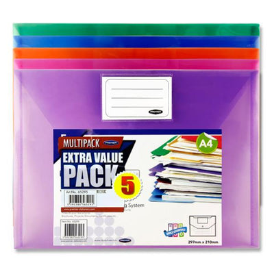Premier Office Multipack | A4 Button Wallet - Multicoloured - Pack of 5-Document Folders & Wallets-Premier Office|Stationery Superstore UK