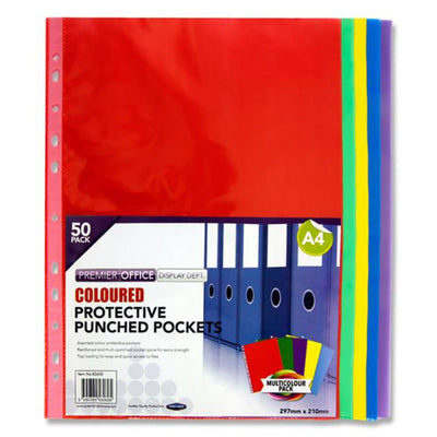 Premier Multipack | Office A4 Punched Pockets - Multicolour - Pack of 50-Punched Pockets-Premier Office|Stationery Superstore UK