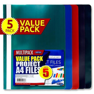 Premier Office Multipack | A4 Project Files - Multicoloured - Pack of 5-Report & Clip Files-Premier Office|Stationery Superstore UK