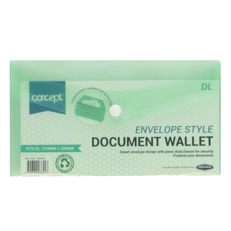 Premier Office DL Envelope-Style Document Wallet with Button - Clear Green-Document Folders & Wallets-Premier Office|Stationery Superstore UK