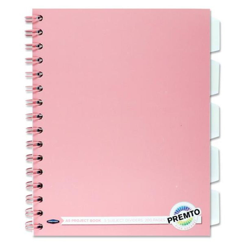 Premto Pastel A5 Wiro Project Book - 5 Subjects - 250 Pages - Pink Sherbet-Subject & Project Books-Premto|Stationery Superstore UK