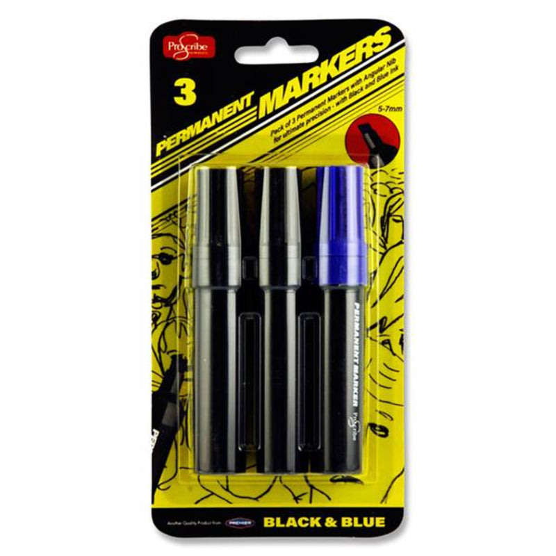 Pro:Scribe Chisel Tip Permanent Markers - Black & Blue - Pack of 3-Markers-Pro:Scribe|Stationery Superstore UK