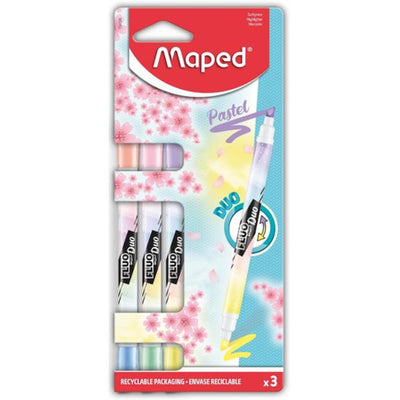 Maped Fluo Duo Tip Highlighter Pens - Pastel - Pack of 3-Highlighters-Maped|Stationery Superstore UK