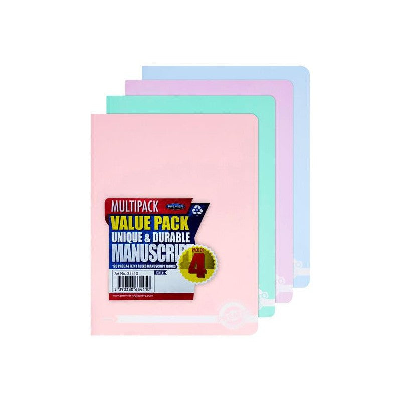 Premto Pastel Multipack | A4 Durable Cover Manuscript Books - 120 Pages - Pack of 4-Manuscript Books-Premto|Stationery Superstore UK