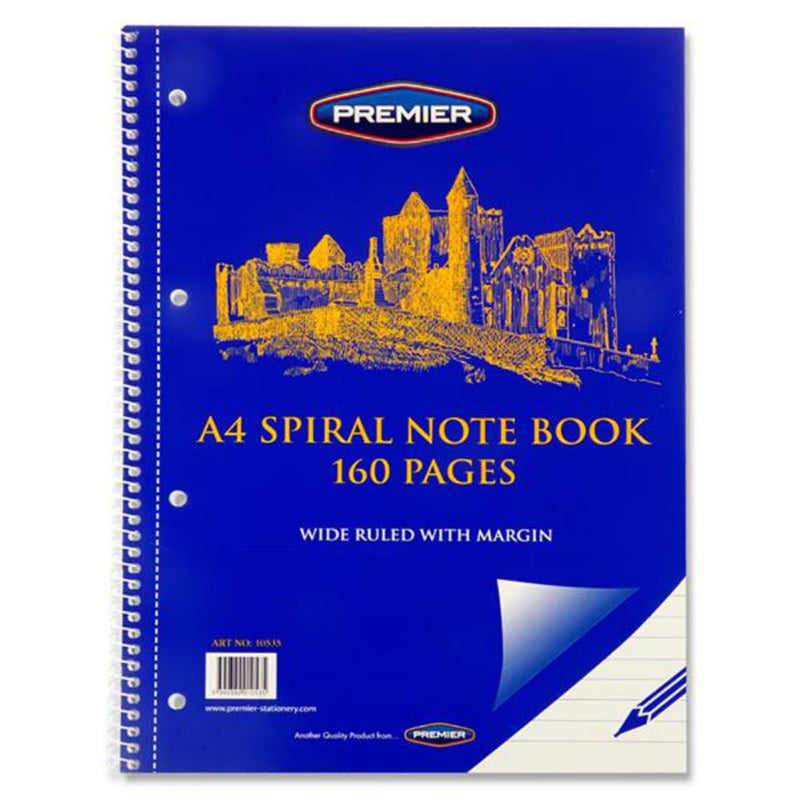 Premier A4 Spiral Note Book - Wide Ruled - 160 Pages