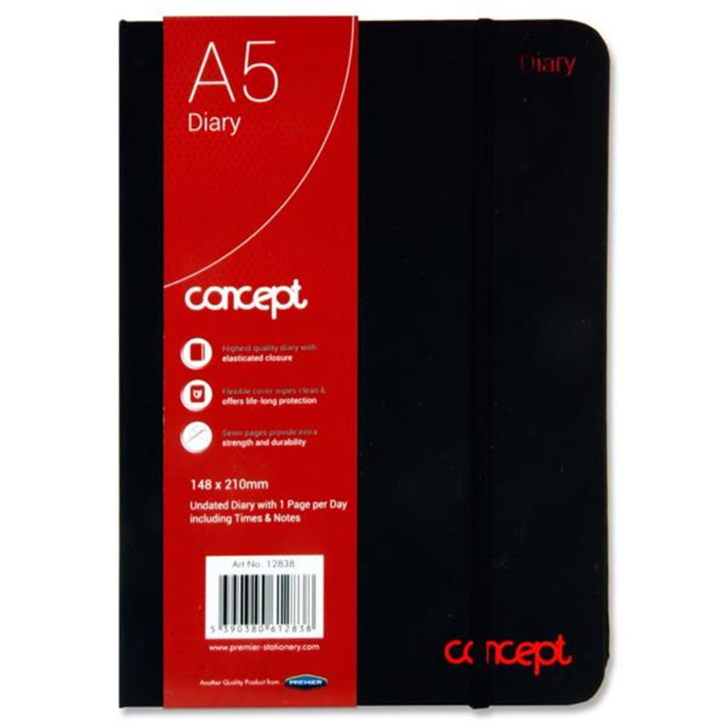 Concept A5 Undated Diary with Times & Notes - Page A Day - Black-Diaries-Concept|Stationery Superstore UK