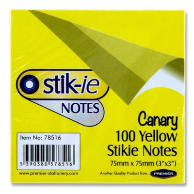Stik-ie Notes 100 Sheets - 75mm x 75mm - Canary Yellow-Sticky Notes-Stik-ie|Stationery Superstore UK