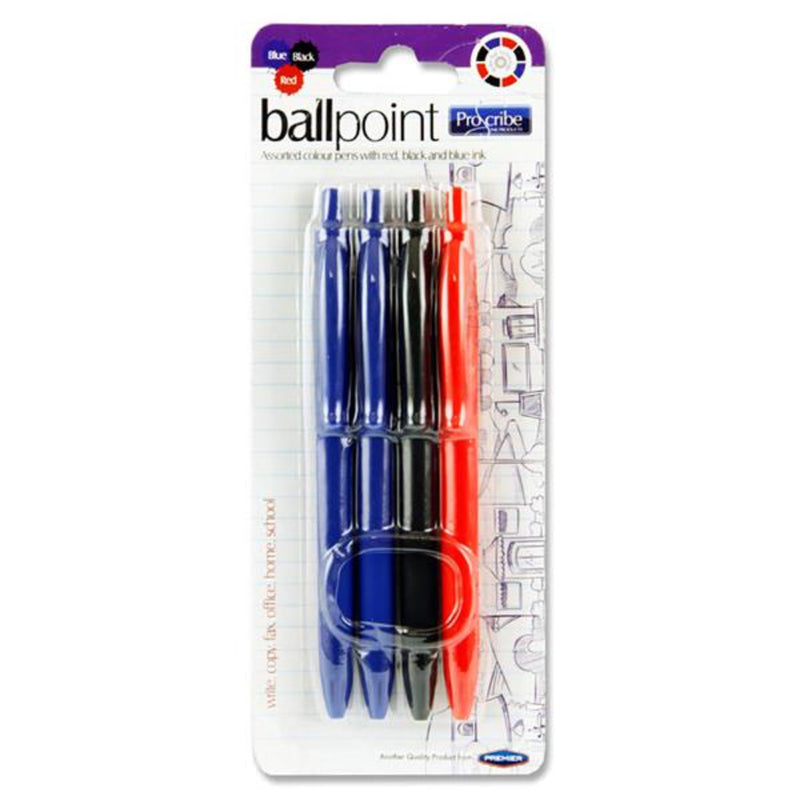Pro:Scribe Ballpoint Pens - Blue, Black, Red Ink - Pack of 4