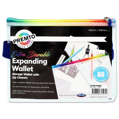 Premto A6 Extra Durable Expanding Wallet wih Rainbow Zip - Clear Pearl-Mesh Wallet Bags-Premto|Stationery Superstore UK