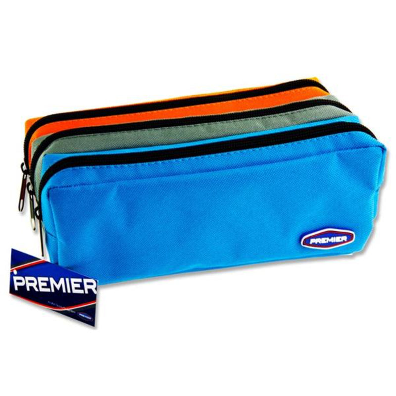 Premier 3 Pocket Pencil Case with Zip - Grey, Light Blue & Orange