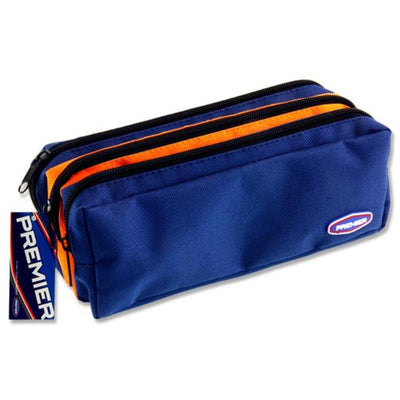 Premier 3 Pocket Pencil Case with Zip - Navy Blue & Orange-Pencil Cases-Premier|Stationery Superstore UK