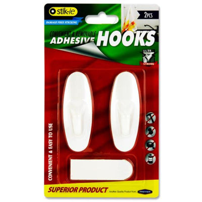 Stik-ie Removable Adhesive Plastic Hooks - 80mm x 29mm - White - Pack of 2-Hooks & Fasteners-Stik-ie|Stationery Superstore UK