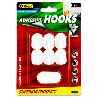 stik-ie-removable-adhesive-ultra-strong-plastic-hooks-32mm-x-24mm-white-pack-of-6|Stationery Superstore UK