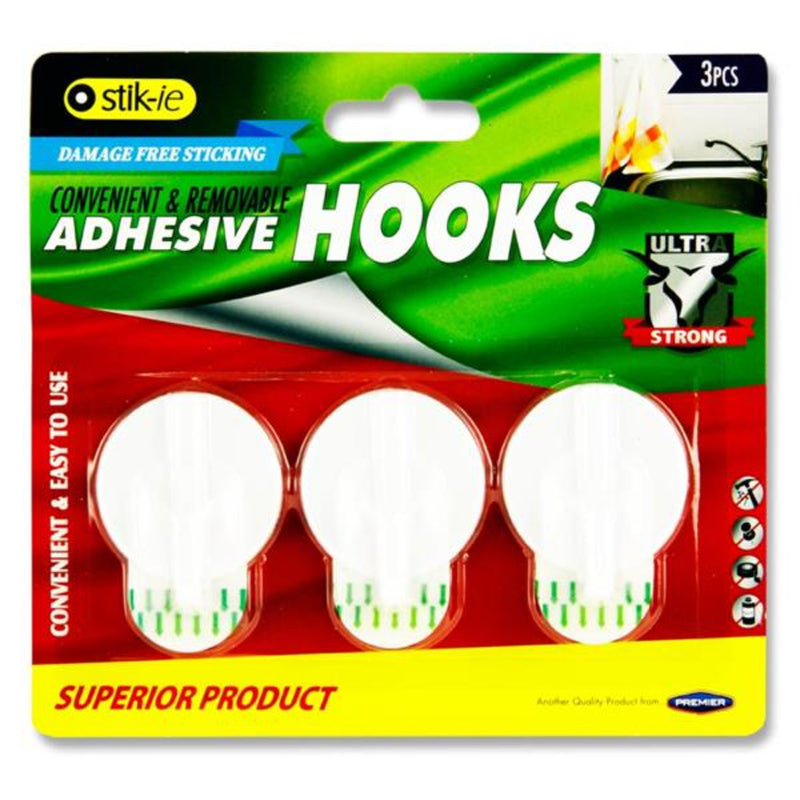 Stik-ie Removable Adhesive Plastic Hooks - 40X41mm - Pack of 3