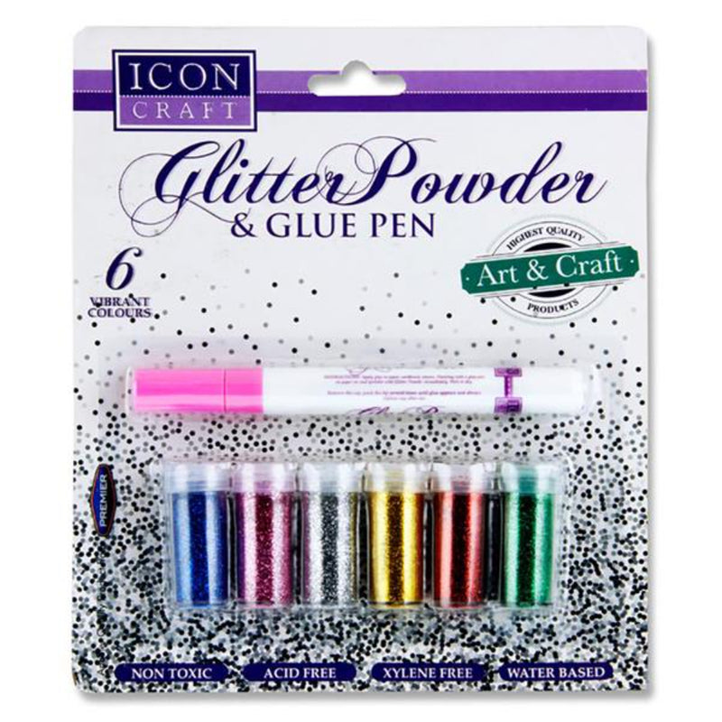 Icon 5g Vibrant Glitter Tubs & Glue Pen - 6 Tubs & 1 Glue Pen