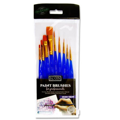 Icon Brush Set - Golden Taklon Ultra Short - 10 Pieces-Paint Brushes-Icon|Stationery Superstore UK